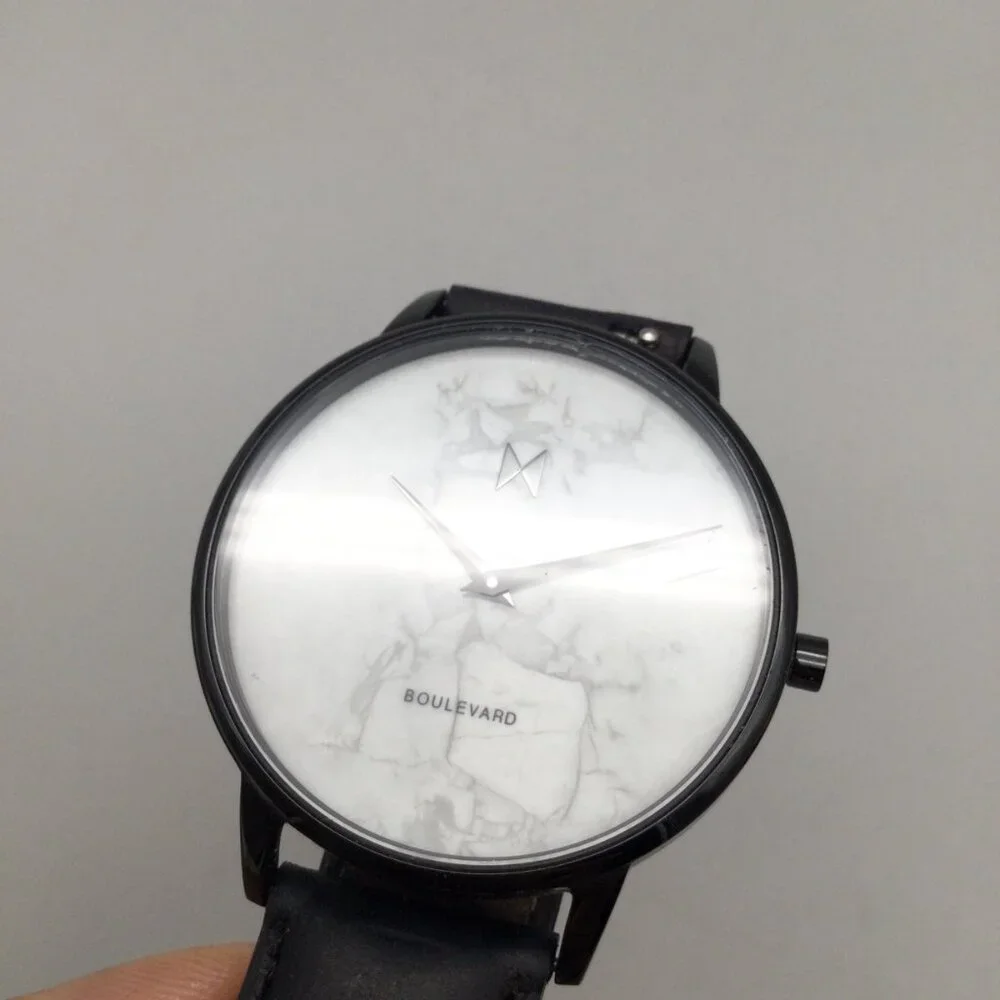 MVMT Boulevard Marble Watch Men 38mm Black Leather Band New Battery